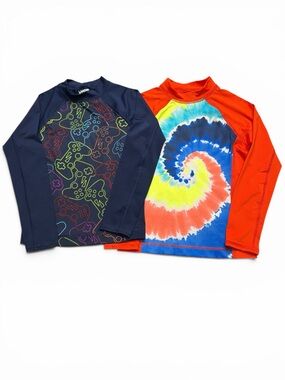 Lands' End Kids' Long-Sleeve Rashguard Set - Navy Gamer & Tie-Dye Orange NWOT